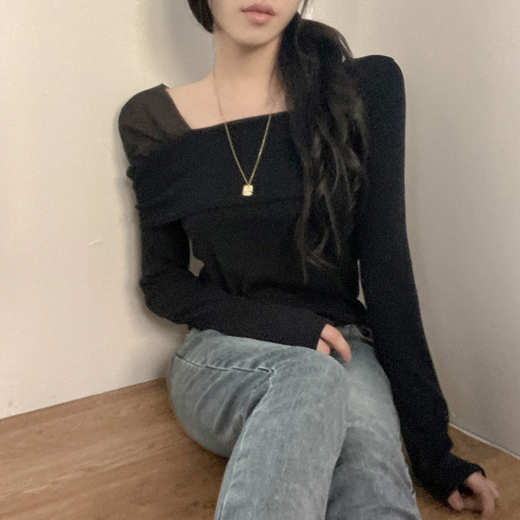 이루아 쉬폰 배색 언발 스퀘어넥 긴팔 티셔츠