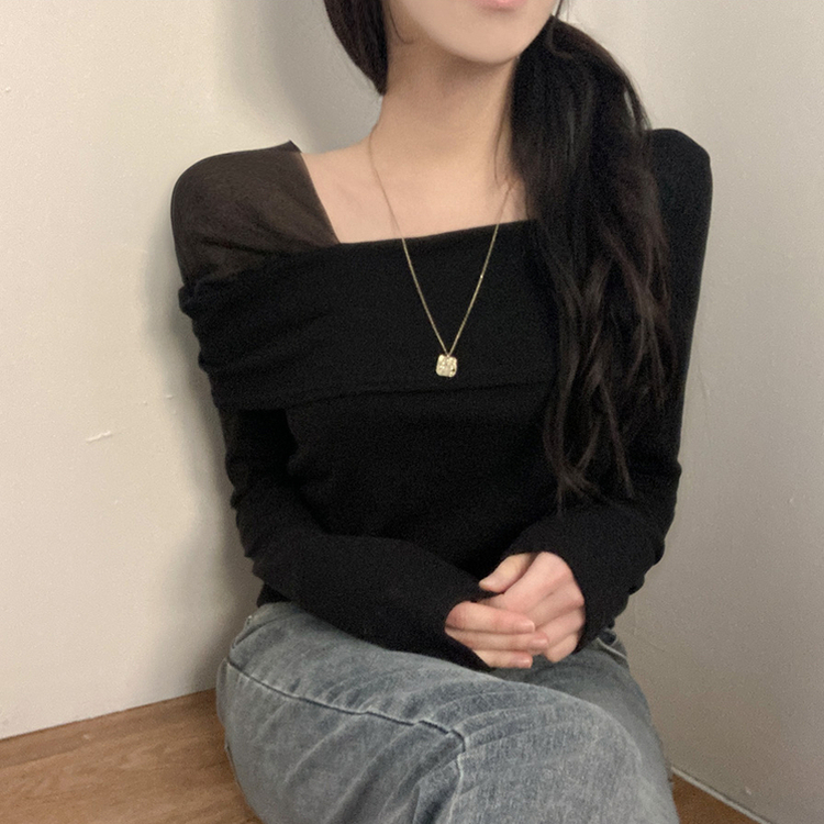 이루아 쉬폰 배색 언발 스퀘어넥 긴팔 티셔츠