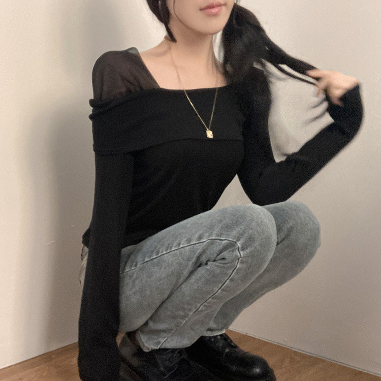 이루아 쉬폰 배색 언발 스퀘어넥 긴팔 티셔츠