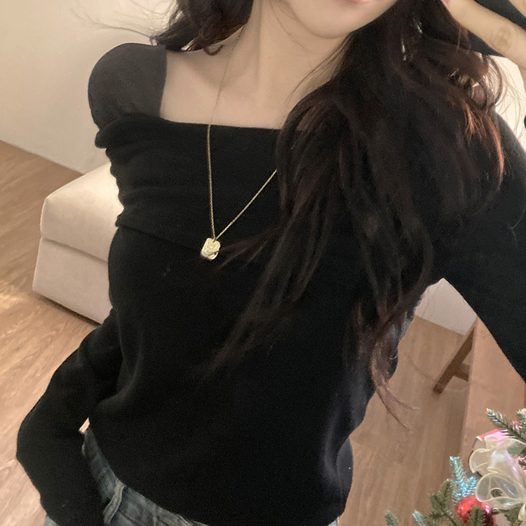 이루아 쉬폰 배색 언발 스퀘어넥 긴팔 티셔츠