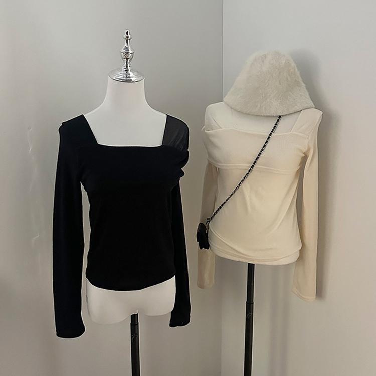 이루아 쉬폰 배색 언발 스퀘어넥 긴팔 티셔츠