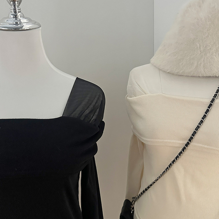 이루아 쉬폰 배색 언발 스퀘어넥 긴팔 티셔츠