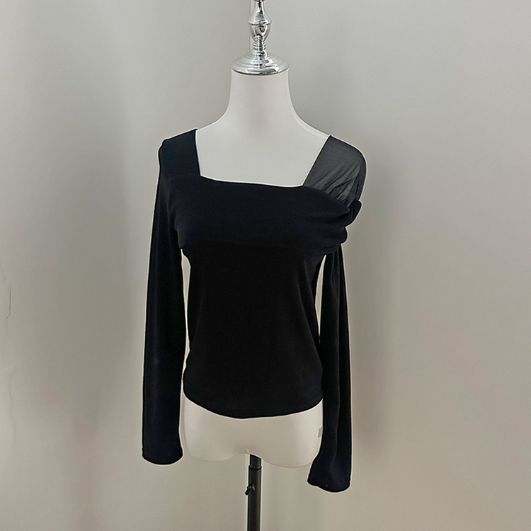 이루아 쉬폰 배색 언발 스퀘어넥 긴팔 티셔츠