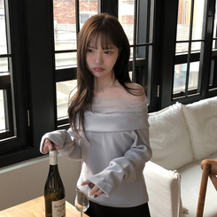 レースオフショルダー長袖Tシャツ BLUE GRAY