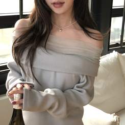 レースオフショルダー長袖Tシャツ BLUE GRAY