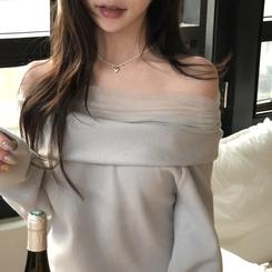 レースオフショルダー長袖Tシャツ BLUE GRAY