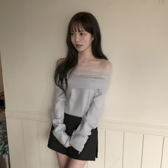 レースオフショルダー長袖Tシャツ BLUE GRAY