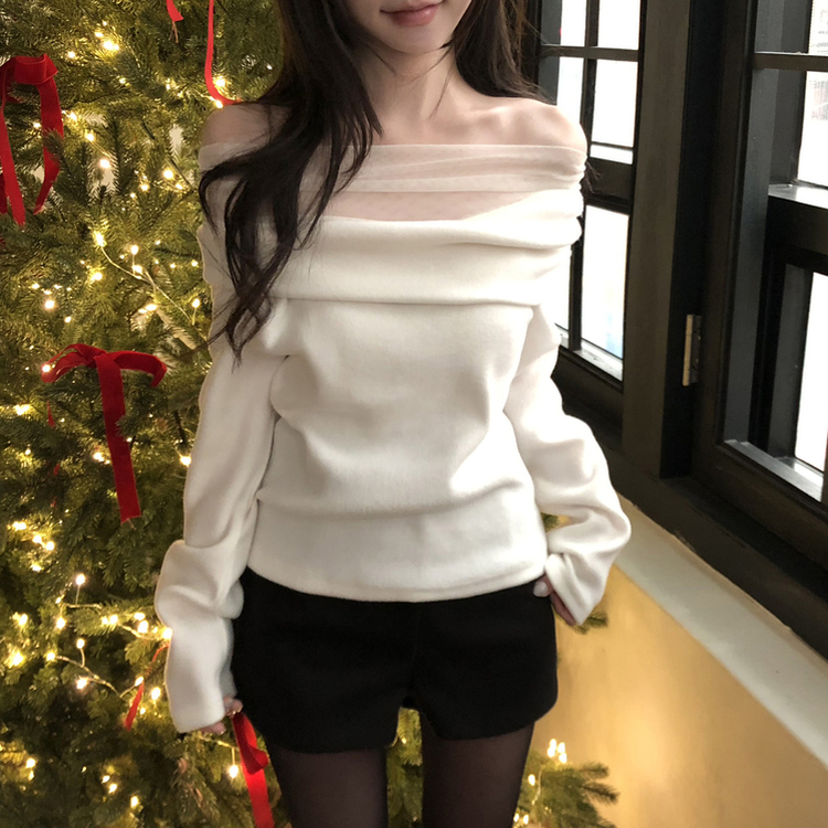 レースオフショルダー長袖Tシャツ IVORY