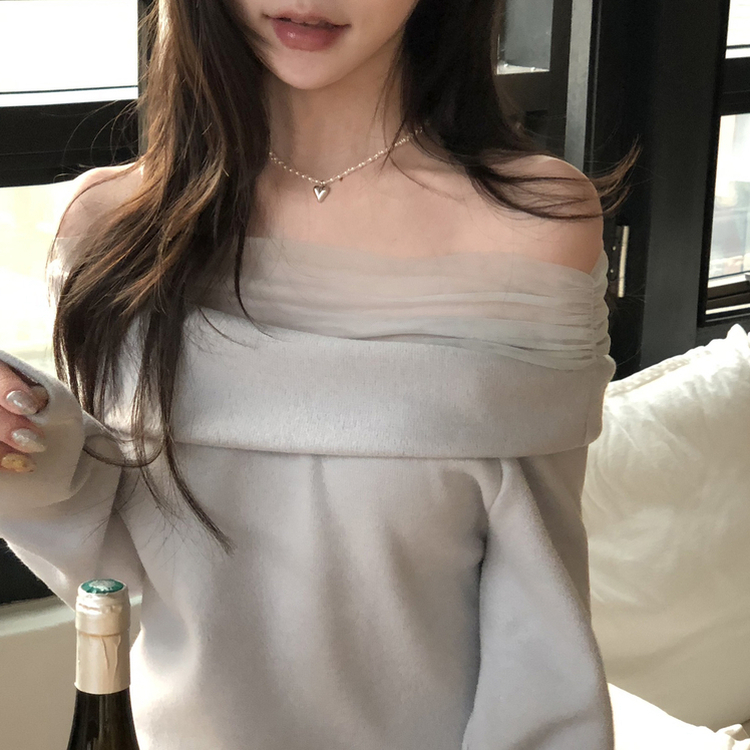 レースオフショルダー長袖Tシャツ BLUE GRAY