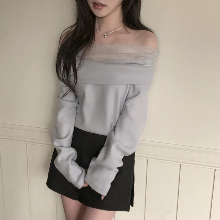 レースオフショルダー長袖Tシャツ BLUE GRAY