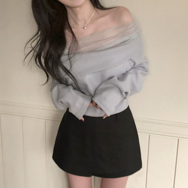 レースオフショルダー長袖Tシャツ BLUE GRAY