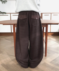 チェックポケットフリースバルーンワイドパンツ BROWN