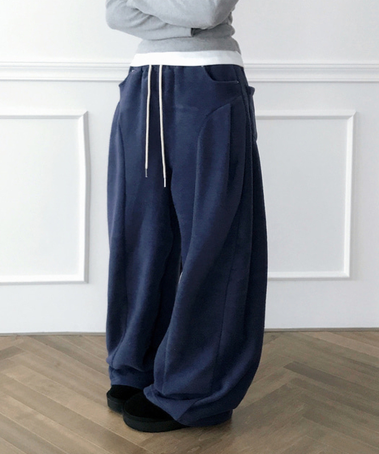 リベットピンタックフリースバルーンワイドパンツ NAVY BLUE