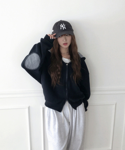 チェックフリースフードジップアップ NAVY