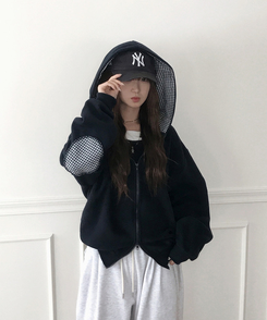 チェックフリースフードジップアップ NAVY