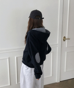 チェックフリースフードジップアップ NAVY