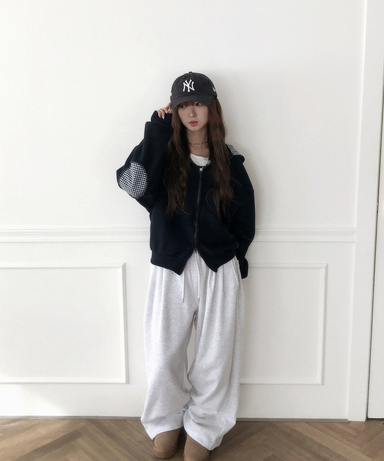 チェックフリースフードジップアップ NAVY