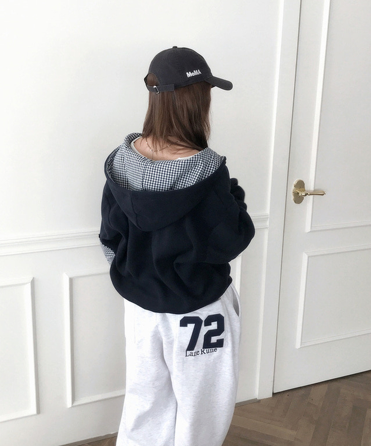 チェックフリースフードジップアップ NAVY