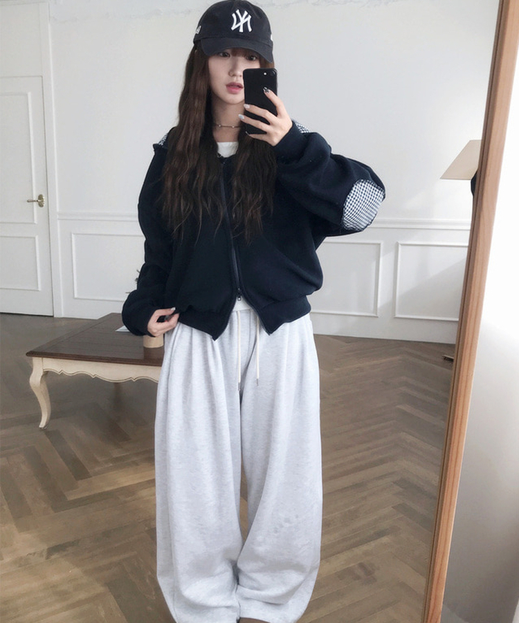 チェックフリースフードジップアップ NAVY