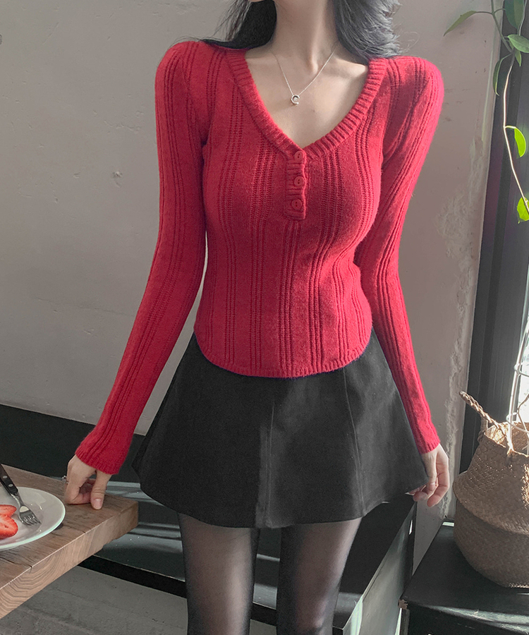 ウェンディボタンVニット RED