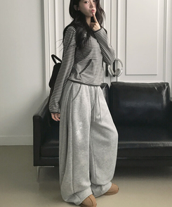 【丈別】【起毛】スターワイドサイドピンタックトレーニングパンツ GREY