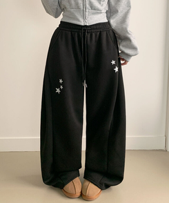 【丈別】【起毛】スターワイドサイドピンタックトレーニングパンツ BLACK