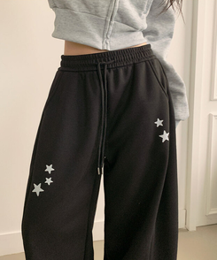 【丈別】【起毛】スターワイドサイドピンタックトレーニングパンツ BLACK