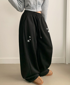 【丈別】【起毛】スターワイドサイドピンタックトレーニングパンツ BLACK