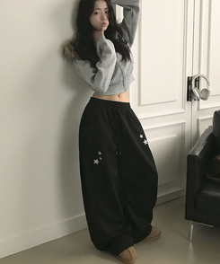 【丈別】【起毛】スターワイドサイドピンタックトレーニングパンツ BLACK