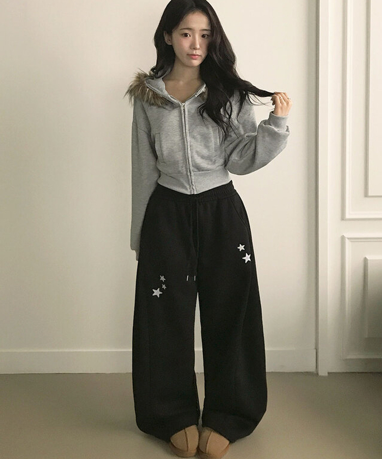 【丈別】【起毛】スターワイドサイドピンタックトレーニングパンツ BLACK