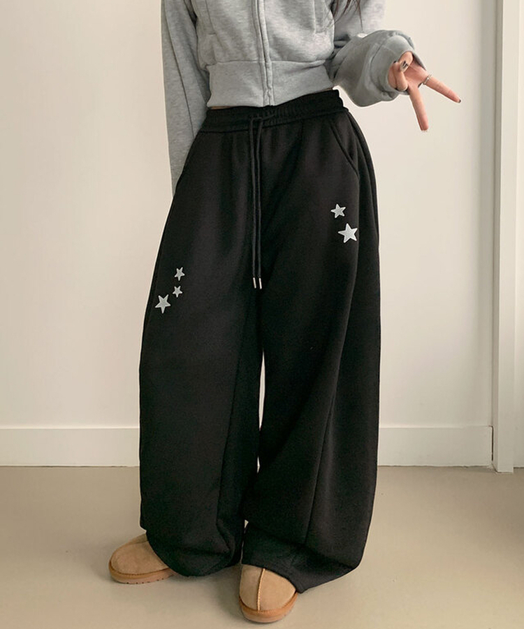 【丈別】【起毛】スターワイドサイドピンタックトレーニングパンツ BLACK