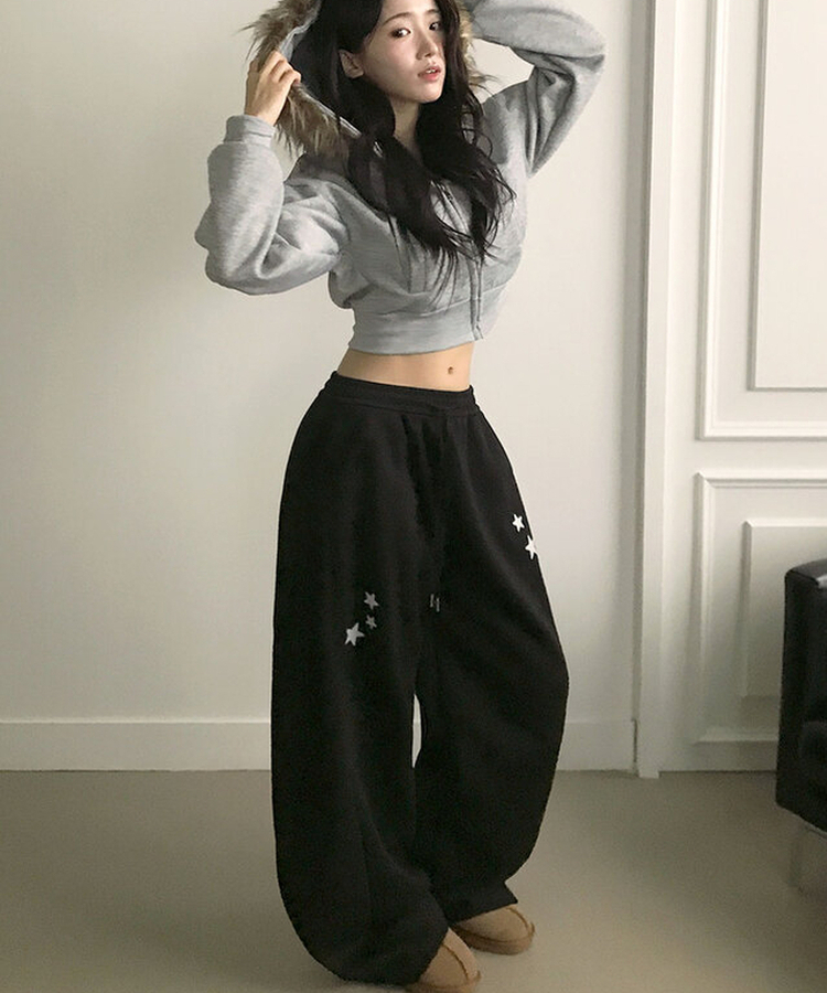 【丈別】【起毛】スターワイドサイドピンタックトレーニングパンツ BLACK