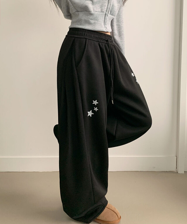 【丈別】【起毛】スターワイドサイドピンタックトレーニングパンツ BLACK
