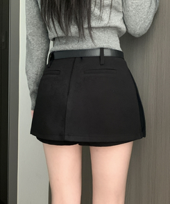 【ベルト付き】厚手無地スカートパンツ BLACK