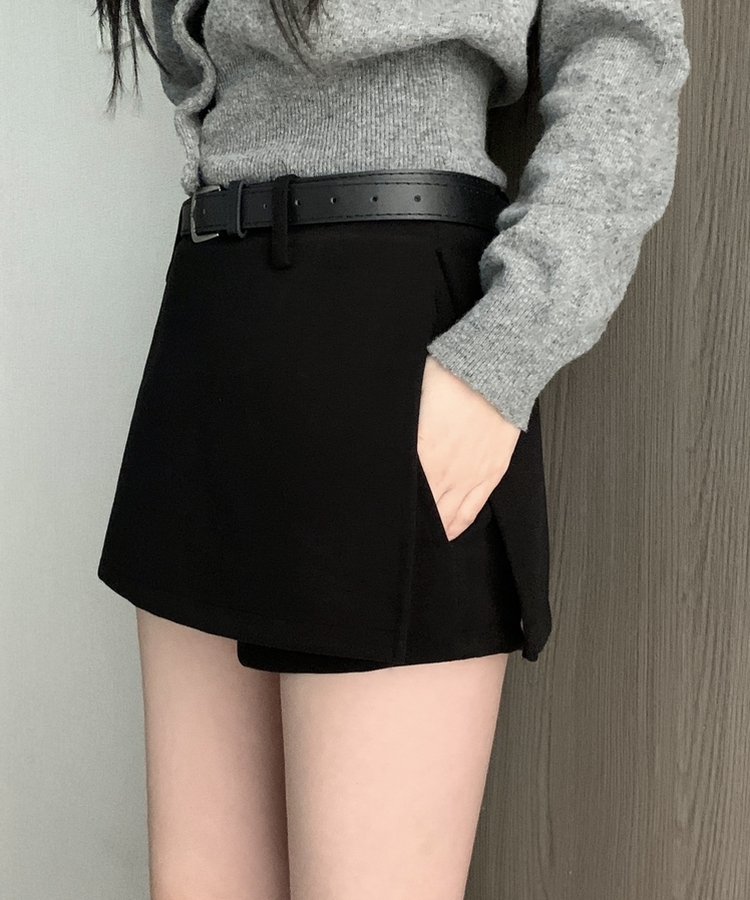 【ベルト付き】厚手無地スカートパンツ BLACK