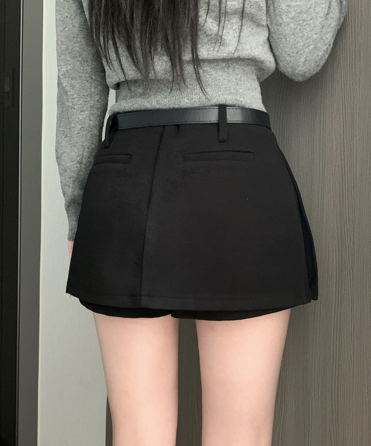 【ベルト付き】厚手無地スカートパンツ BLACK