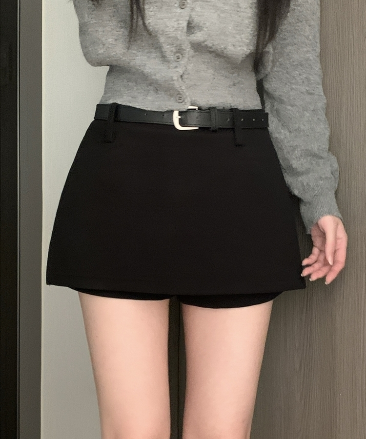 【ベルト付き】厚手無地スカートパンツ BLACK