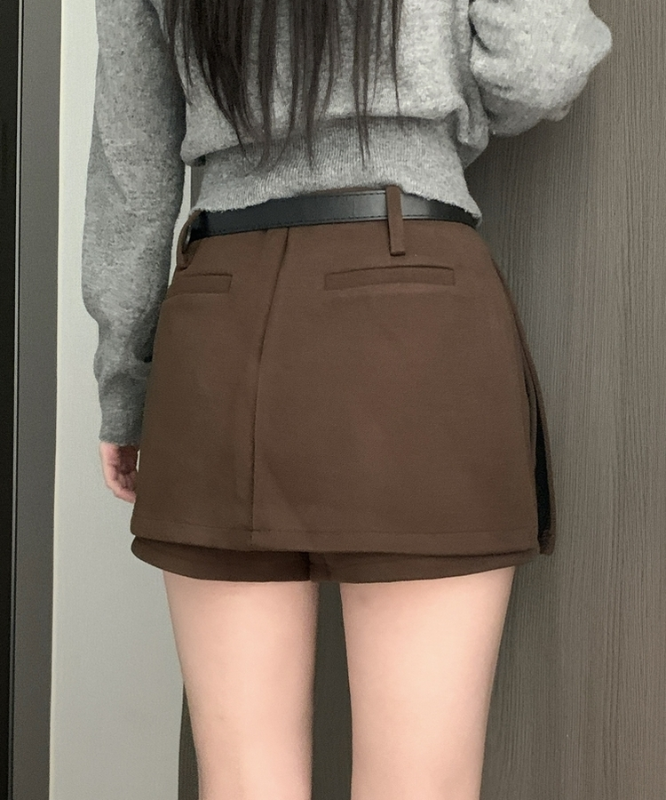 【ベルト付き】厚手無地スカートパンツ BROWN