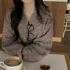 도톰따뜻 손목라벨 패치 보카시 오버핏 카라넥 아방핏 벌룬니트 빅사이즈 체형커버 브라운