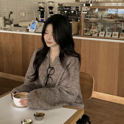 도톰따뜻 손목라벨 패치 보카시 오버핏 카라넥 아방핏 벌룬니트 빅사이즈 체형커버 브라운