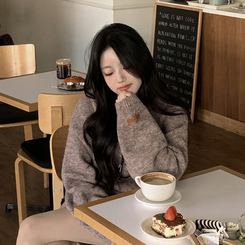 도톰따뜻 손목라벨 패치 보카시 오버핏 카라넥 아방핏 벌룬니트 빅사이즈 체형커버 브라운