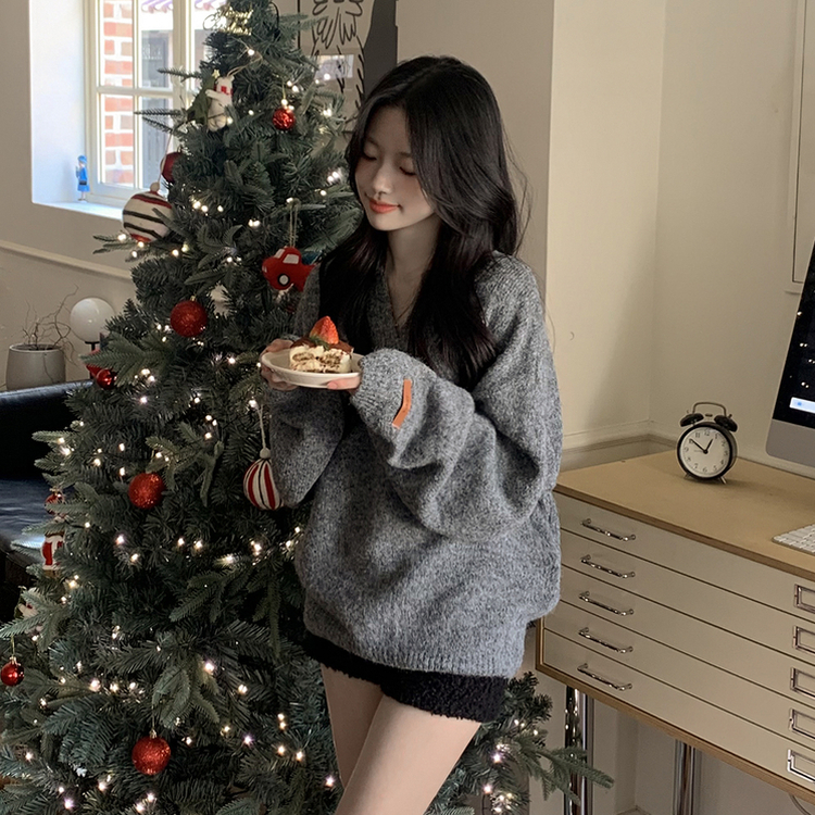 도톰따뜻 손목라벨 패치 보카시 오버핏 카라넥 아방핏 벌룬니트 빅사이즈 체형커버 그레이