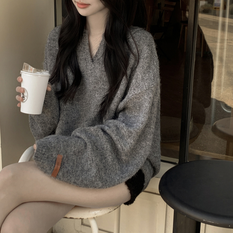 도톰따뜻 손목라벨 패치 보카시 오버핏 카라넥 아방핏 벌룬니트 빅사이즈 체형커버 그레이