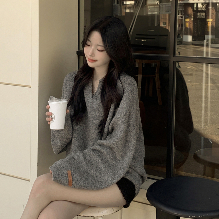 도톰따뜻 손목라벨 패치 보카시 오버핏 카라넥 아방핏 벌룬니트 빅사이즈 체형커버 그레이