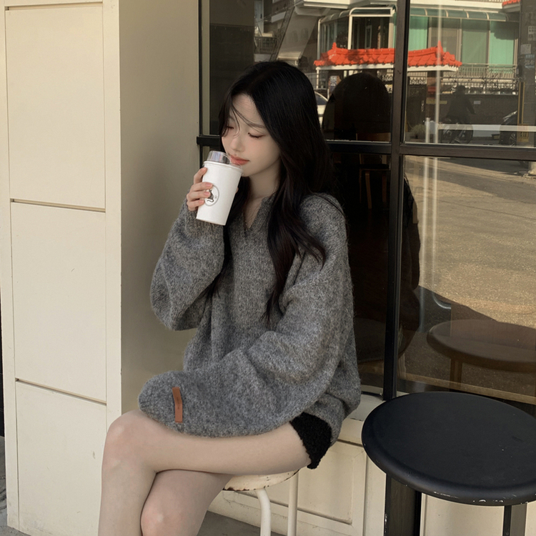 도톰따뜻 손목라벨 패치 보카시 오버핏 카라넥 아방핏 벌룬니트 빅사이즈 체형커버 그레이