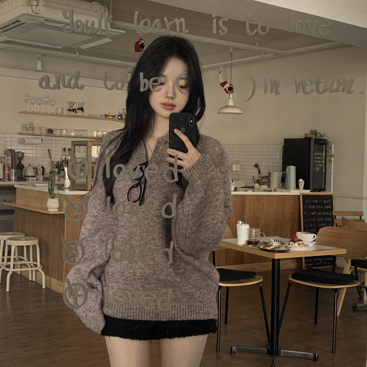 도톰따뜻 손목라벨 패치 보카시 오버핏 카라넥 아방핏 벌룬니트 빅사이즈 체형커버 브라운