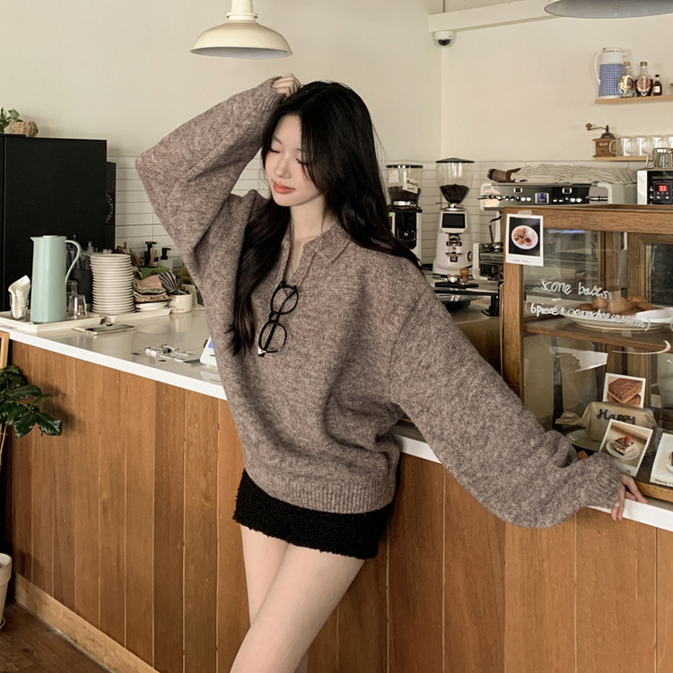 도톰따뜻 손목라벨 패치 보카시 오버핏 카라넥 아방핏 벌룬니트 빅사이즈 체형커버 브라운