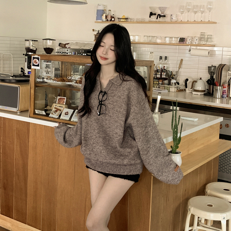 도톰따뜻 손목라벨 패치 보카시 오버핏 카라넥 아방핏 벌룬니트 빅사이즈 체형커버 브라운