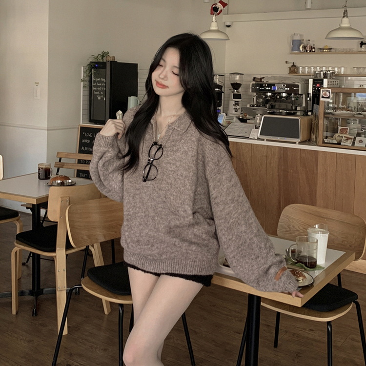 도톰따뜻 손목라벨 패치 보카시 오버핏 카라넥 아방핏 벌룬니트 빅사이즈 체형커버 브라운