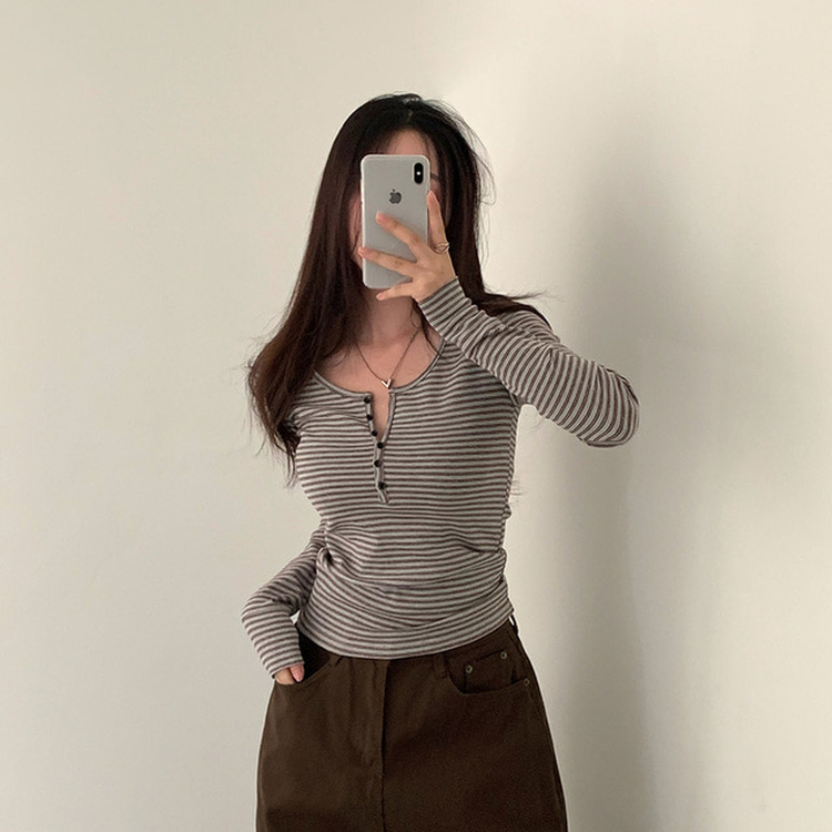 Uネックストライプボタン長袖Tシャツ｜長袖Tシャツ｜韓国ファッション